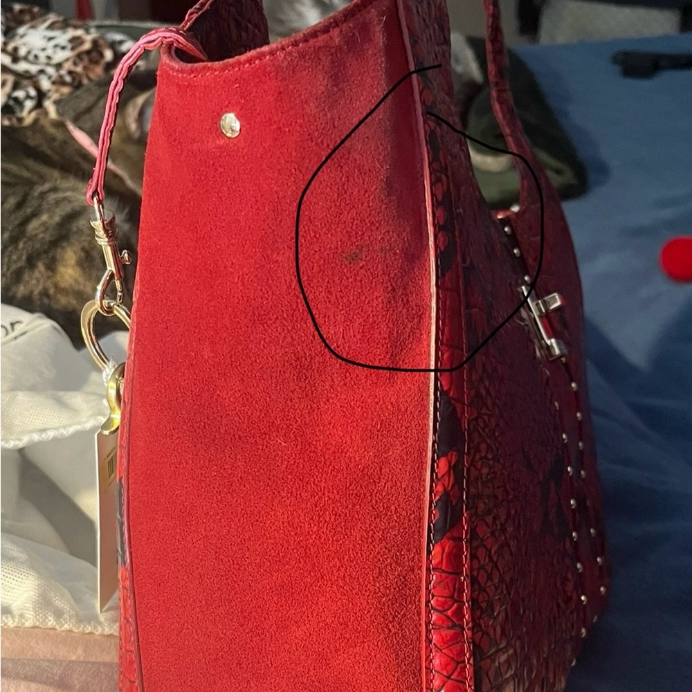 Brahmin Red Shoulder Bag with Glossy Finish and Metallic Accents.  $325, OBO.